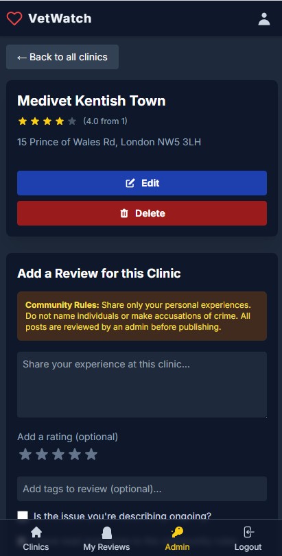 Admin mode UI of a Clinic page.