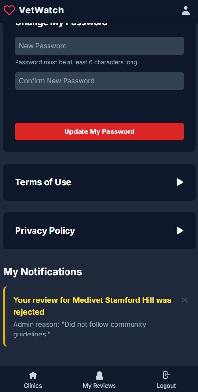 UI showing user's own review status.