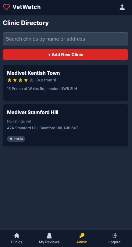 UI of the main clinic directory, showing clinics with their aggregated star ratings.