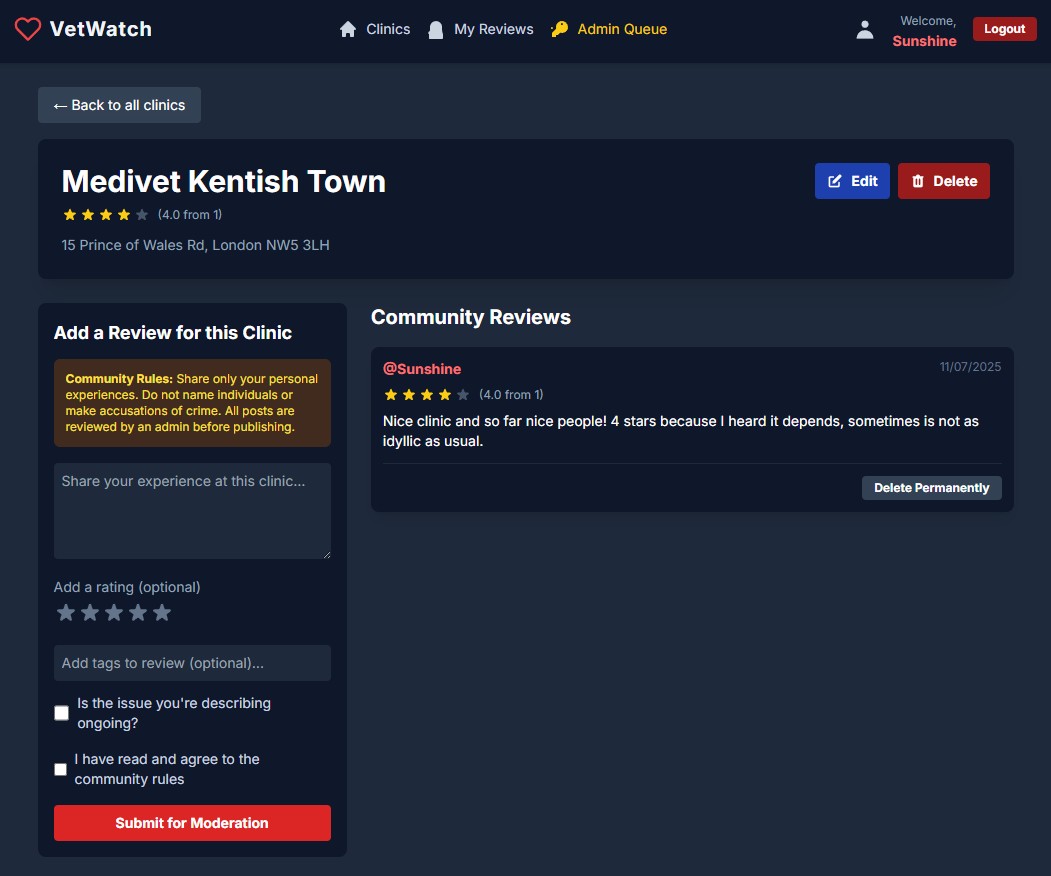 Admin mode UI of a Clinic page on desktop.