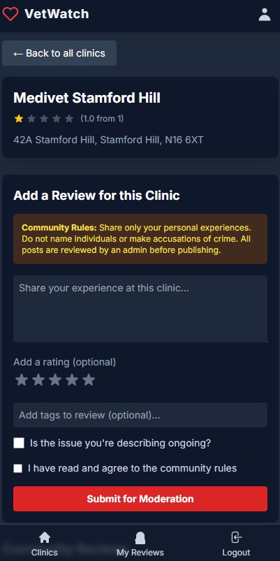 UI of a clinic's page, for posting a new review, adding tags, or reading reviews.
